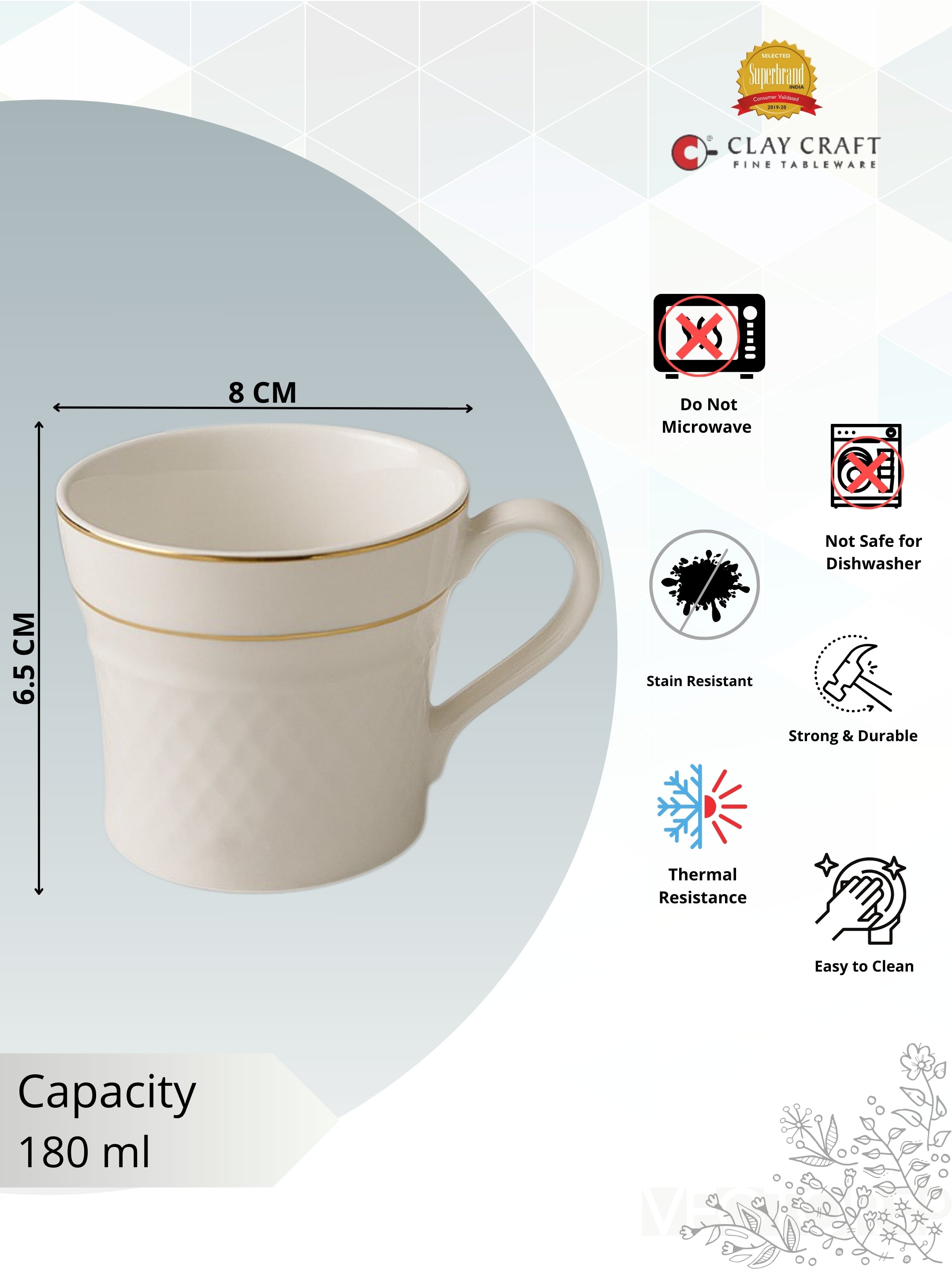 Clay Craft Fine Ceramic Ginger, Embossed Gold Rim Cup Set, White, 180 ml, Set of 6