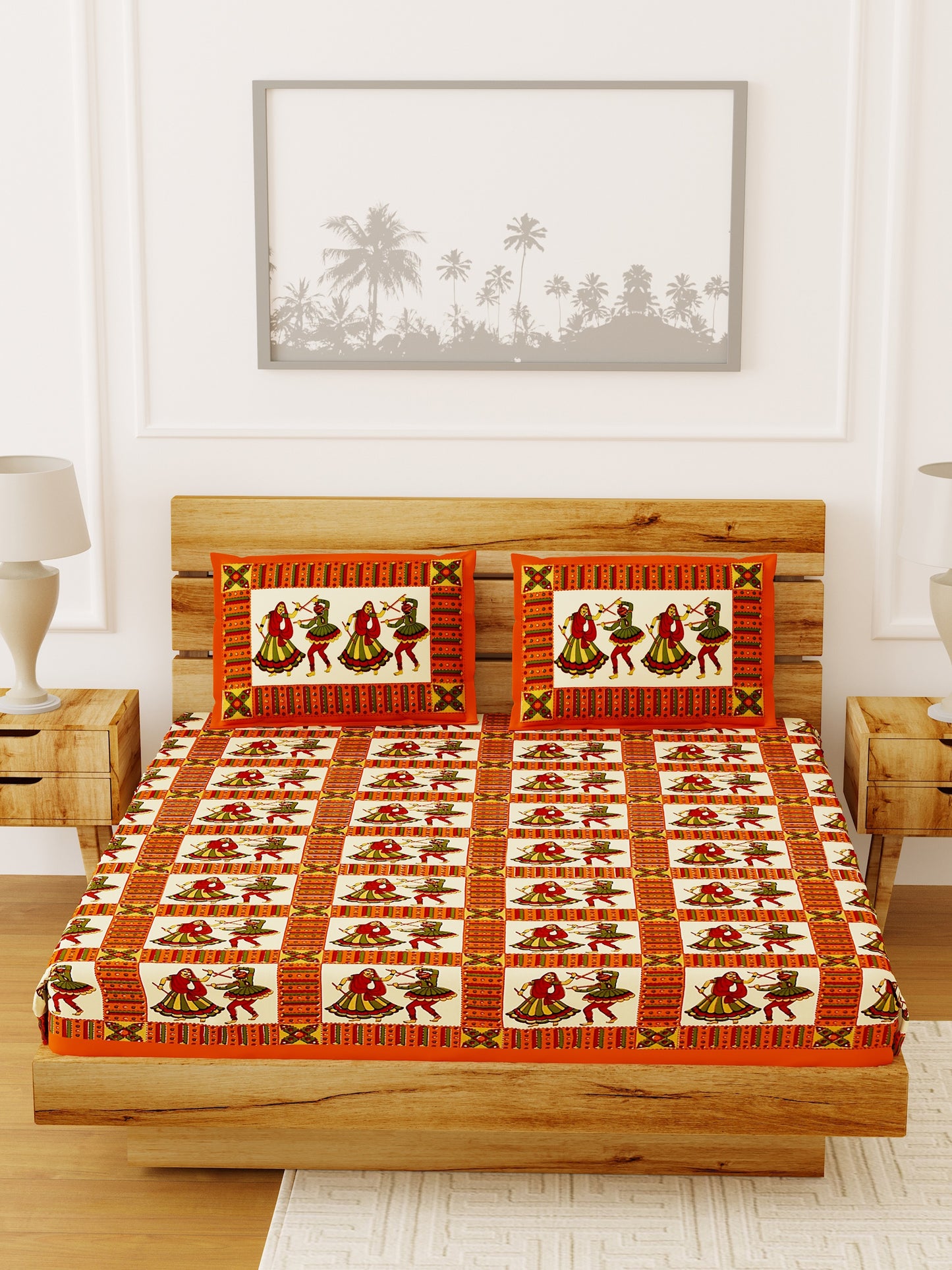 LIVING ROOTS Double Bedsheet  Sanganeri Print Red Colour Pure Cotton - 1 Bedsheet with 2 Pillow Covers (31-014-B)