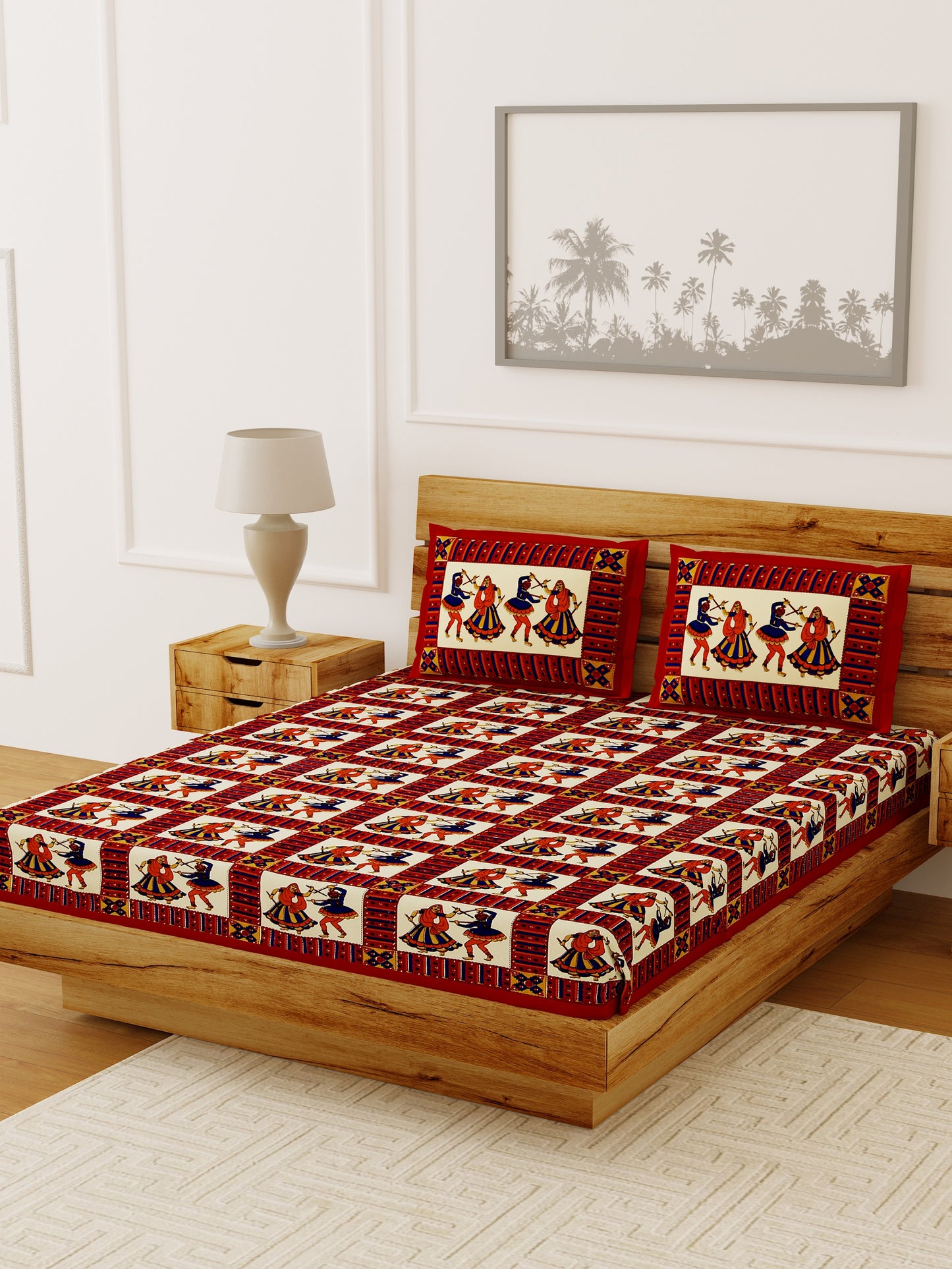 Double Bedsheet  Sanganeri Print Red Colour Pure Cotton - 1 Bedsheet with 2 Pillow Covers