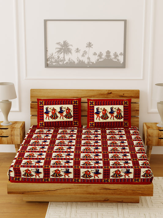 Double Bedsheet  Sanganeri Print Red Colour Pure Cotton - 1 Bedsheet with 2 Pillow Covers