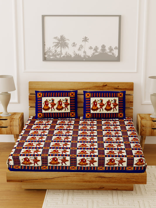 LIVING ROOTS Double Bedsheet  Sanganeri Print Blue Colour Pure Cotton - 1 Bedsheet with 2 Pillow Covers (31-014-C)