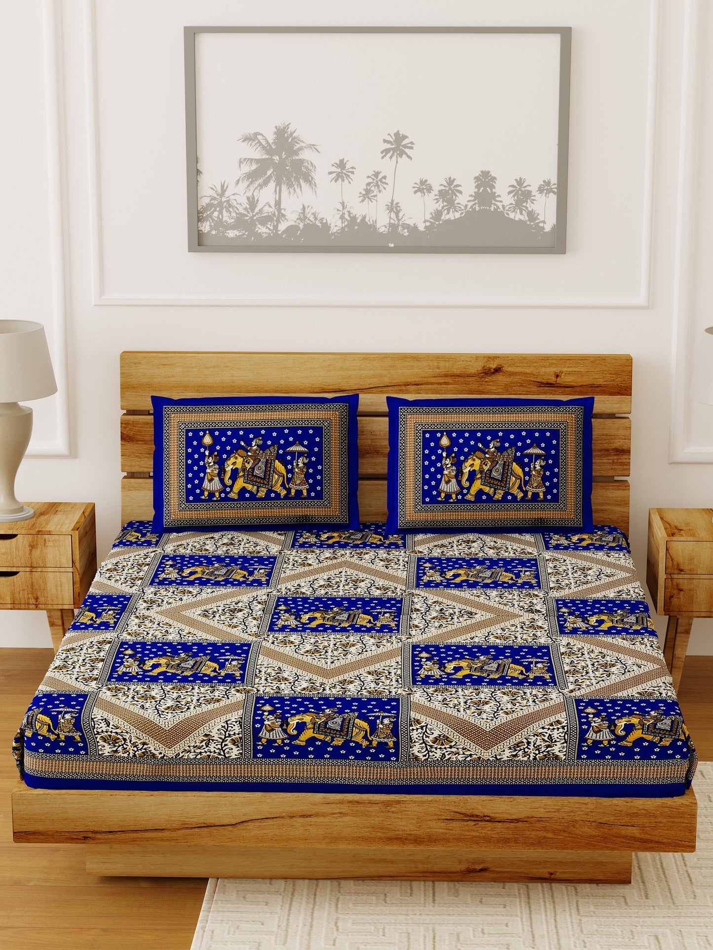 LIVING ROOTS Double Bedsheet Blue Colour Pure Cotton - 1 Bedsheet with 2 Pillow Covers (31-015-A)