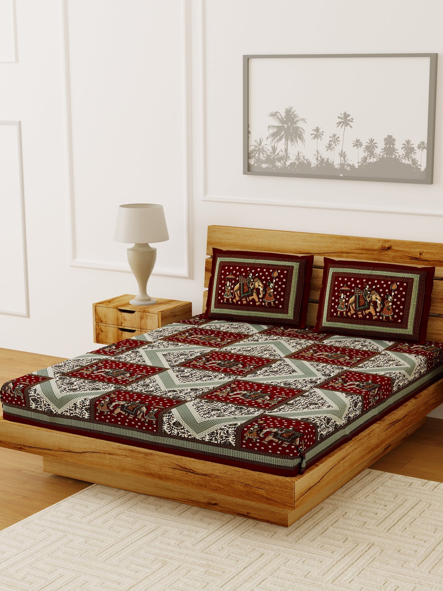 LIVING ROOTS Double Bedsheet Red Colour Pure Cotton - 1 Bedsheet with 2 Pillow Covers (31-015-B)