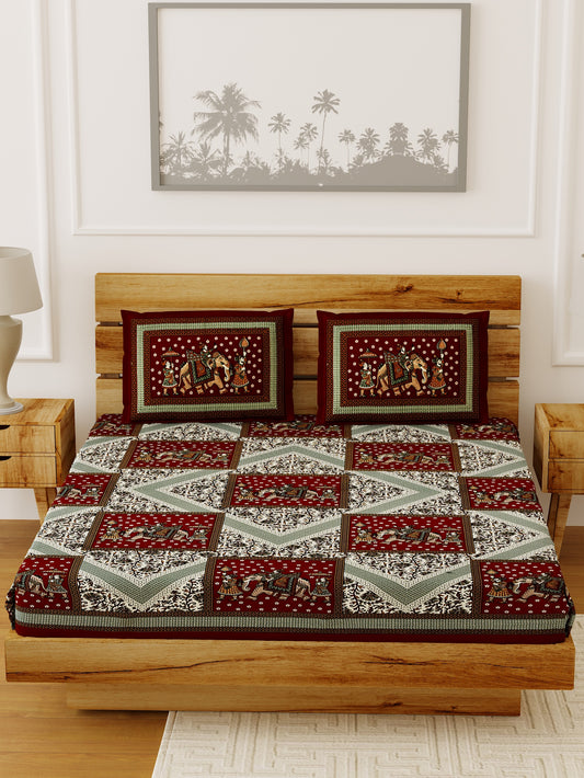 LIVING ROOTS Double Bedsheet Red Colour Pure Cotton - 1 Bedsheet with 2 Pillow Covers (31-015-B)