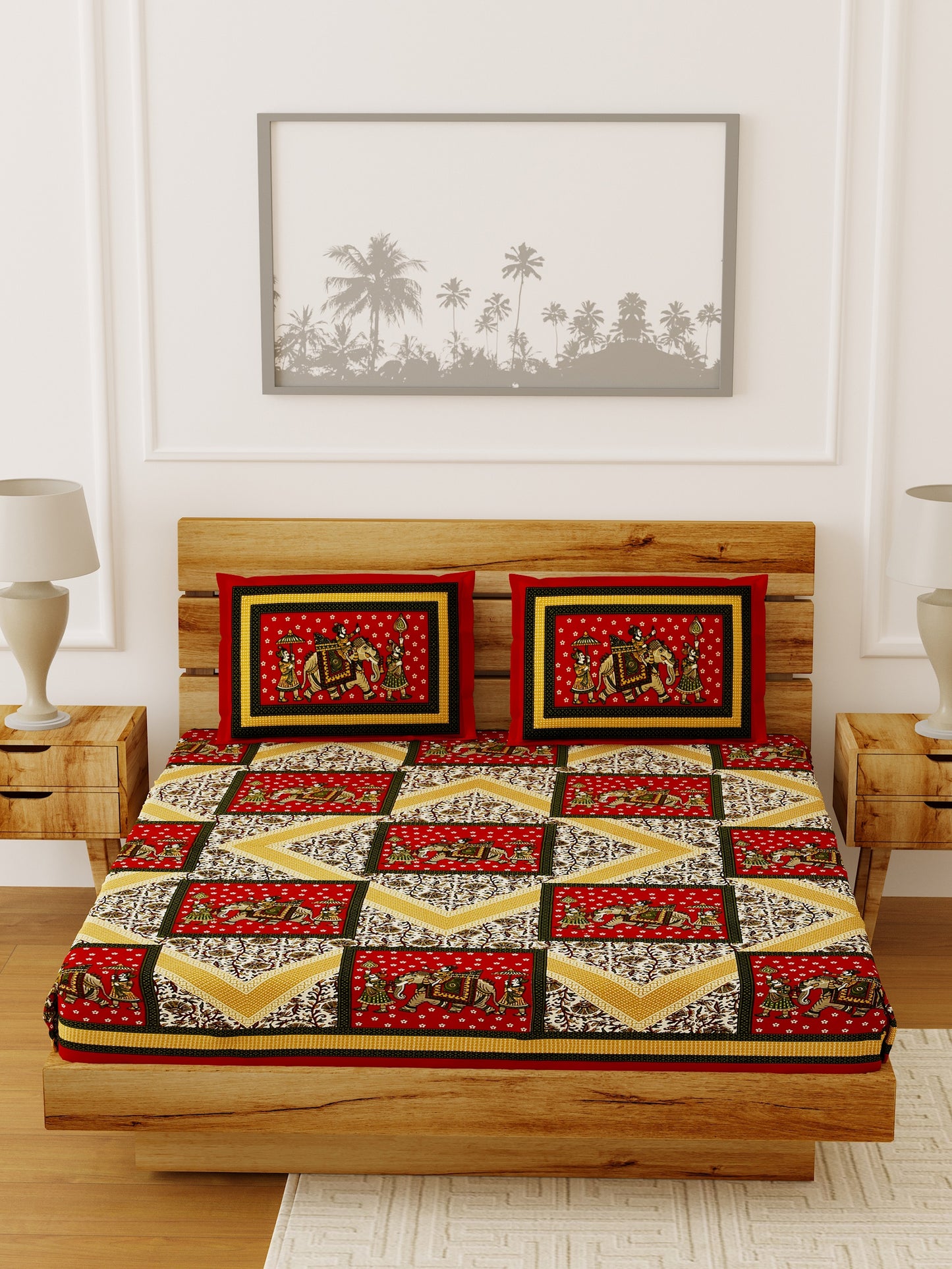 LIVING ROOTS Double Bedsheet Red Colour Pure Cotton - 1 Bedsheet with 2 Pillow Covers (31-015-C)