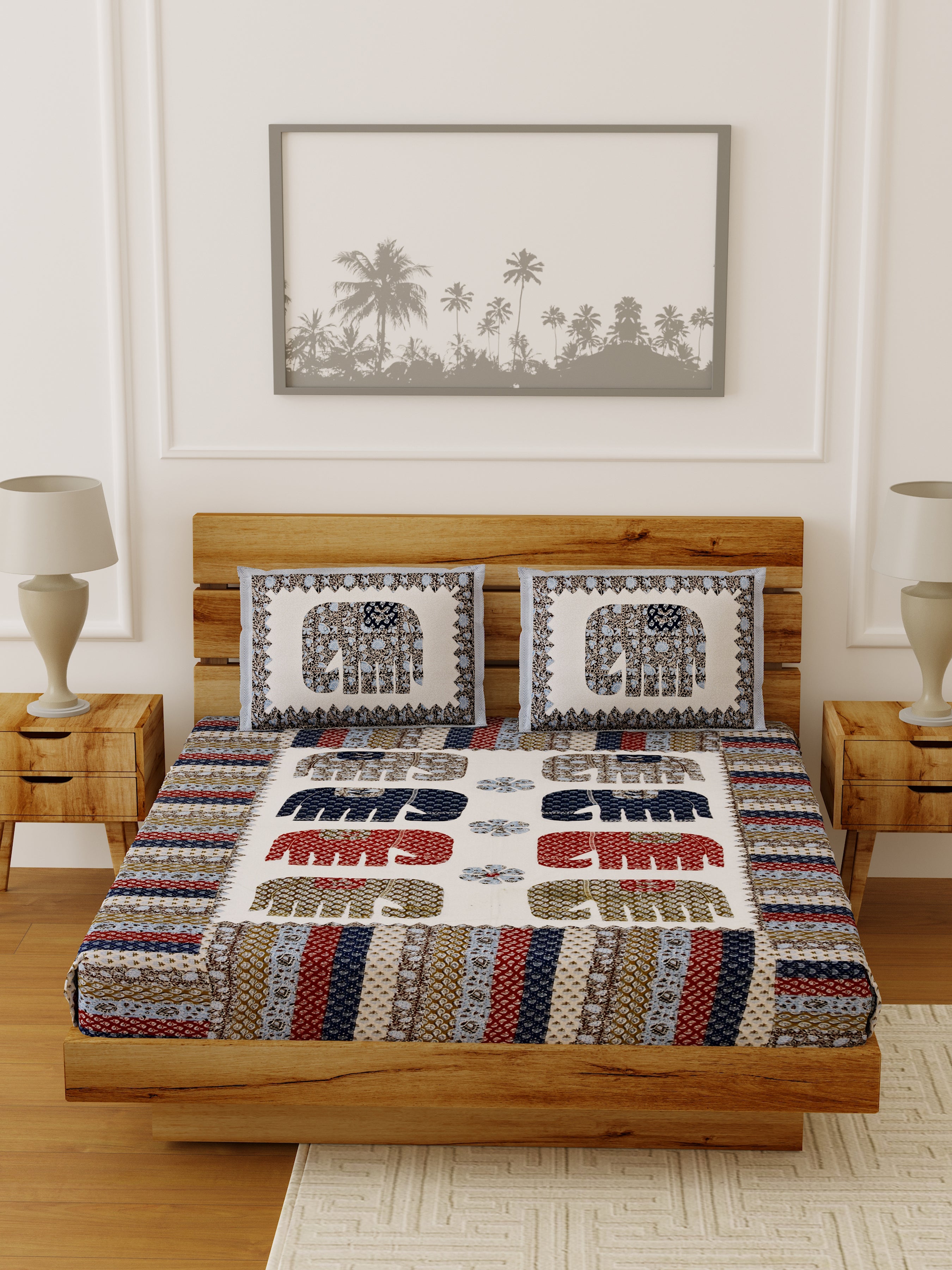 LIVING ROOTS Pure Cotton Barmeri Elephant Print 1 King Size Bedsheet  96*104 inches (8*8.5 Feet) With 2 Pillow Cover | Rich Fast Colour with No Colour Bleeding (31-017-A)