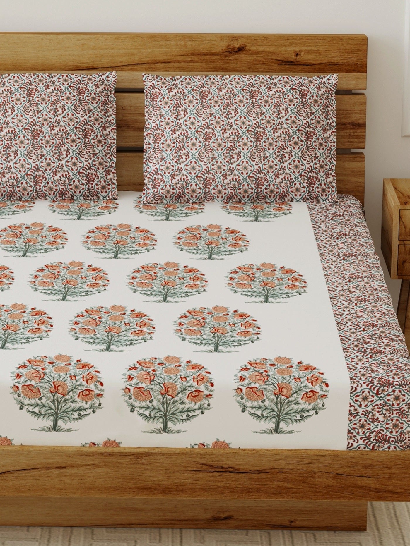 LIVING ROOTS Double Bedsheet King Size Roze Tree Red Print  Pure Cotton - 1 Bedsheet with 2 Pillow Covers (31-018-B)