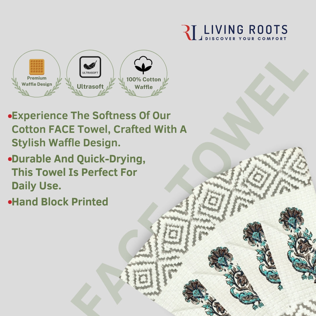 LIVING ROOTS Hand Block Printed 4 Pcs Face Towels Waffle Cotton Soft & Absorbent | 210 GSM | Blue | ( FACETOWEL-03-4PC )