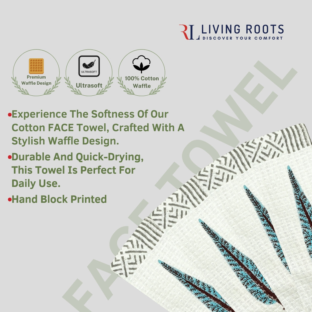 LIVING ROOTS Hand Block Printed 4 Pcs Face Towels Waffle Cotton Soft & Absorbent | 210 GSM | Blue | ( FACETOWEL-05-4PC )