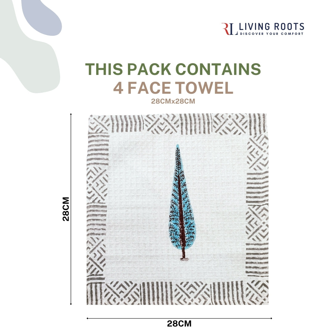 LIVING ROOTS Hand Block Printed 4 Pcs Face Towels Waffle Cotton Soft & Absorbent | 210 GSM | Blue | ( FACETOWEL-05-4PC )