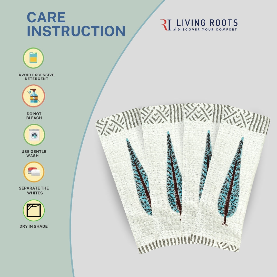 LIVING ROOTS Hand Block Printed 4 Pcs Face Towels Waffle Cotton Soft & Absorbent | 210 GSM | Blue | ( FACETOWEL-05-4PC )