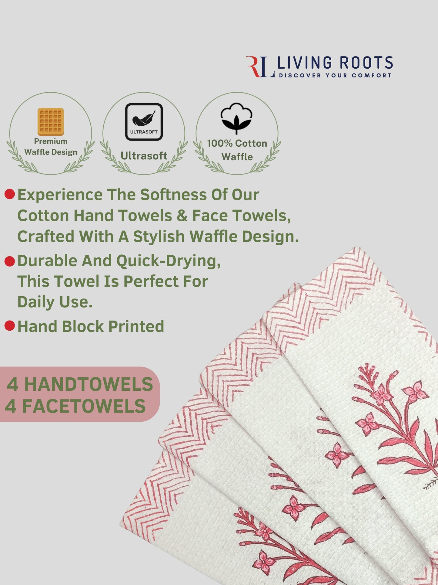 LIVING ROOTS Pure Cotton 4PC Facetowel & 4 PC Handtowel| Rich Fast Colour with No Colour Bleeding | Soft & Skin Friendly (HAND4PC-01-FACE4PC-01)