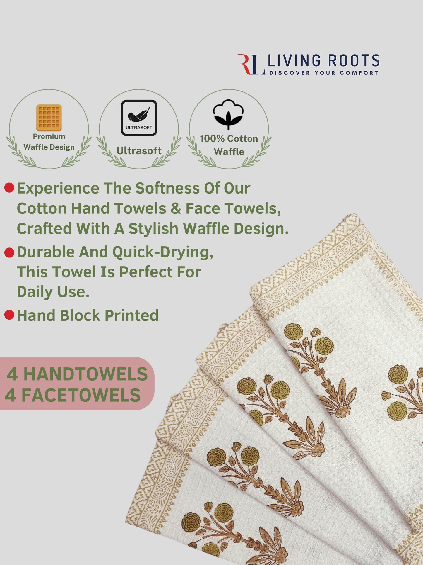 LIVING ROOTS Pure Cotton 4PC Facetowel & 4 PC Handtowel| Rich Fast Colour with No Colour Bleeding | Soft & Skin Friendly (HAND4PC-02-FACE4PC-02)