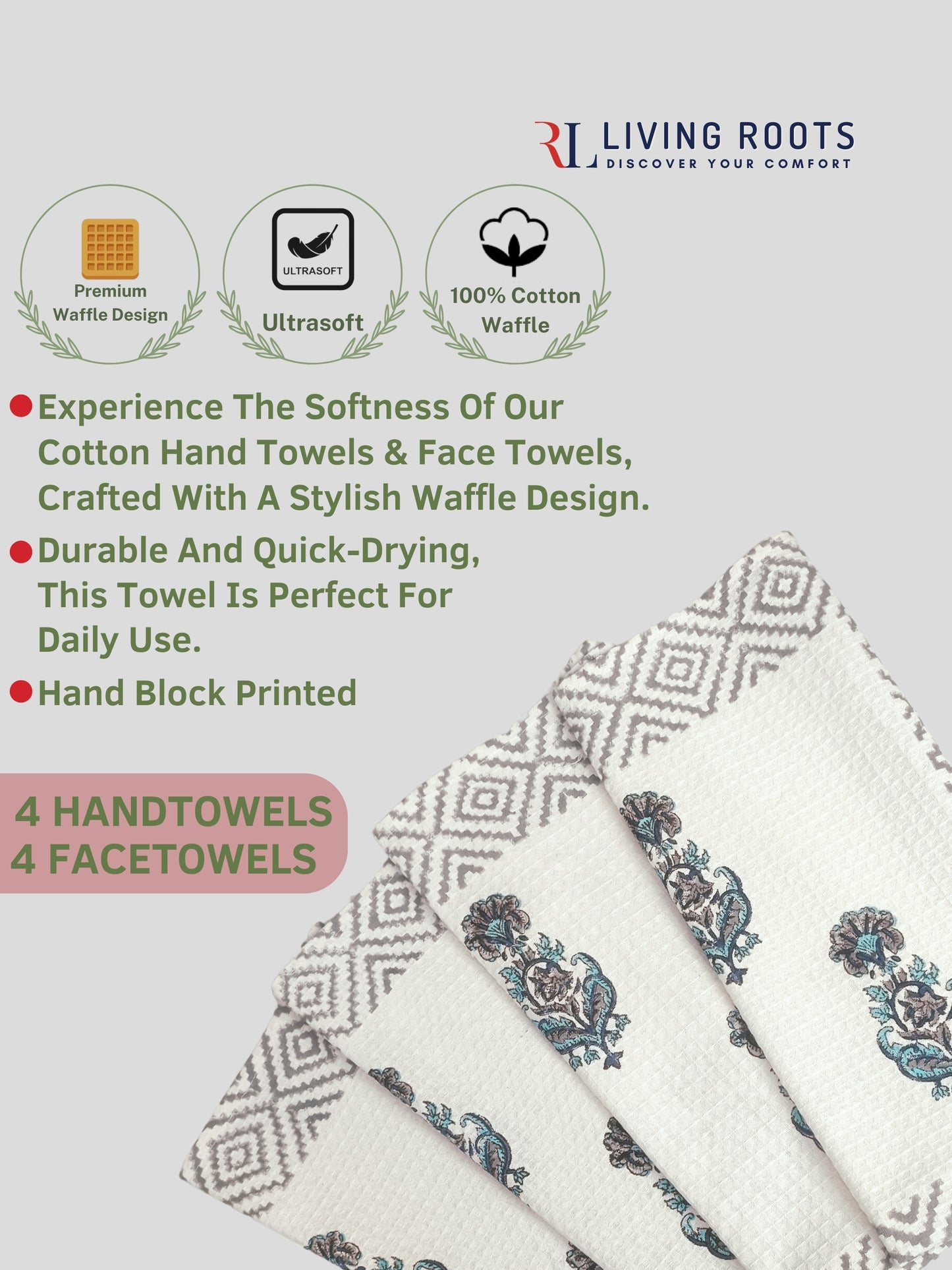 LIVING ROOTS Pure Cotton 4PC Facetowel & 4 PC Handtowel| Rich Fast Colour with No Colour Bleeding | Soft & Skin Friendly (HAND4PC-03-FACE4PC-03)