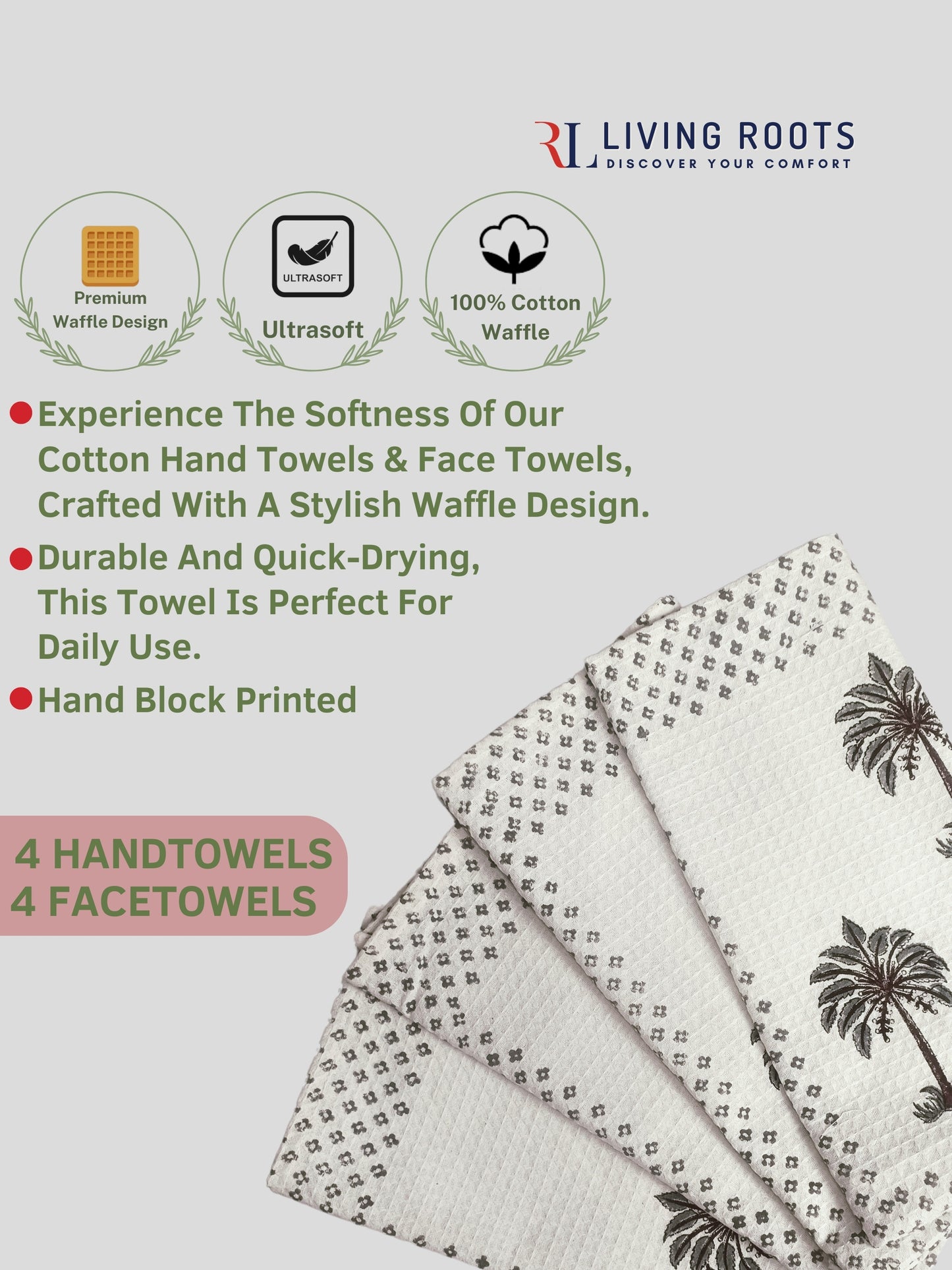 LIVING ROOTS Pure Cotton 4PC Facetowel & 4 PC Handtowel| Rich Fast Colour with No Colour Bleeding | Soft & Skin Friendly (HAND4PC-04-FACE4PC-04)