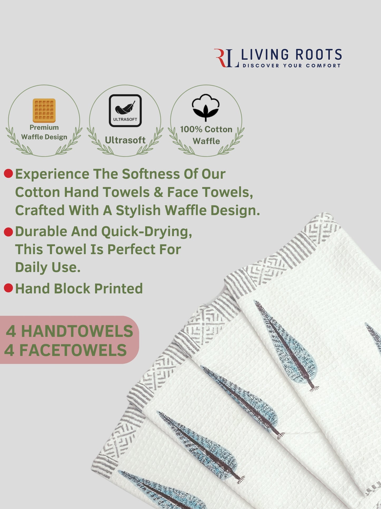 LIVING ROOTS Pure Cotton 4PC Facetowel & 4 PC Handtowel| Rich Fast Colour with No Colour Bleeding | Soft & Skin Friendly (HAND4PC-05-FACE4PC-05)