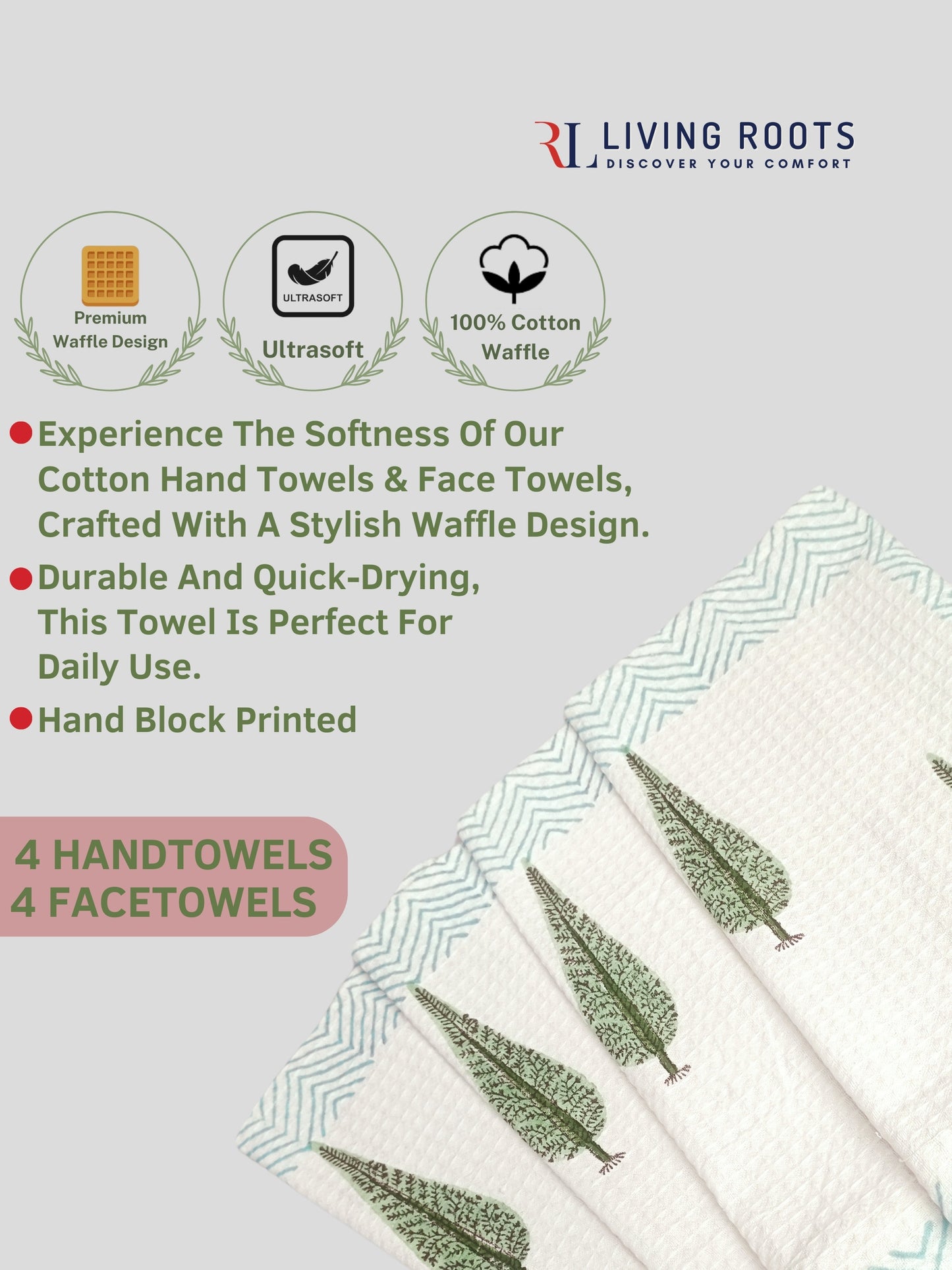 LIVING ROOTS Pure Cotton 4PC Facetowel & 4 PC Handtowel| Rich Fast Colour with No Colour Bleeding | Soft & Skin Friendly (HAND4PC-06-FACE4PC-06)