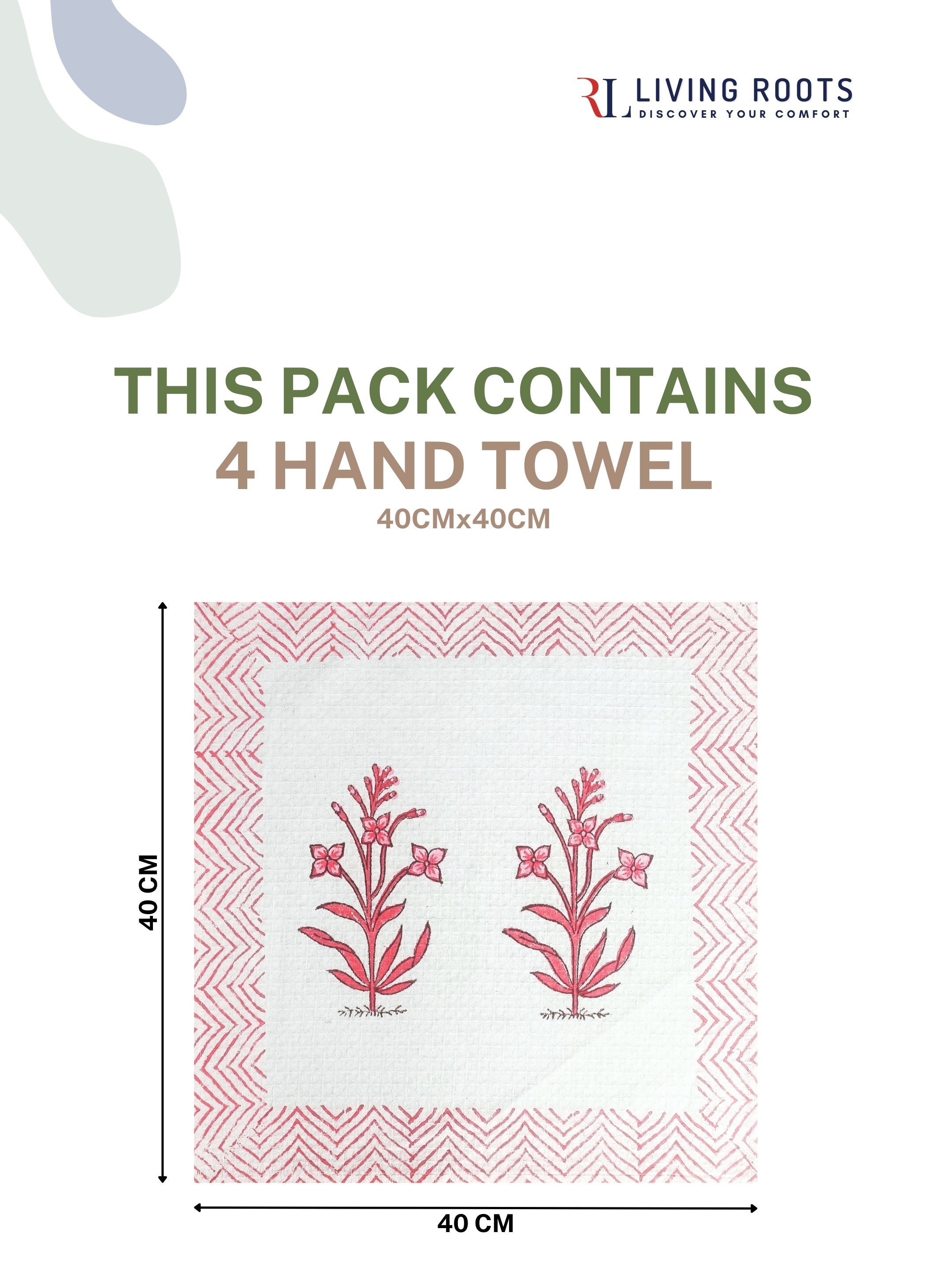 LIVING ROOTS Hand Block Printed 4 Pcs Hand Towel Waffle Cotton Soft & Absorbent | 210 GSM | Pink | ( HANDTOWEL-01-4PC )