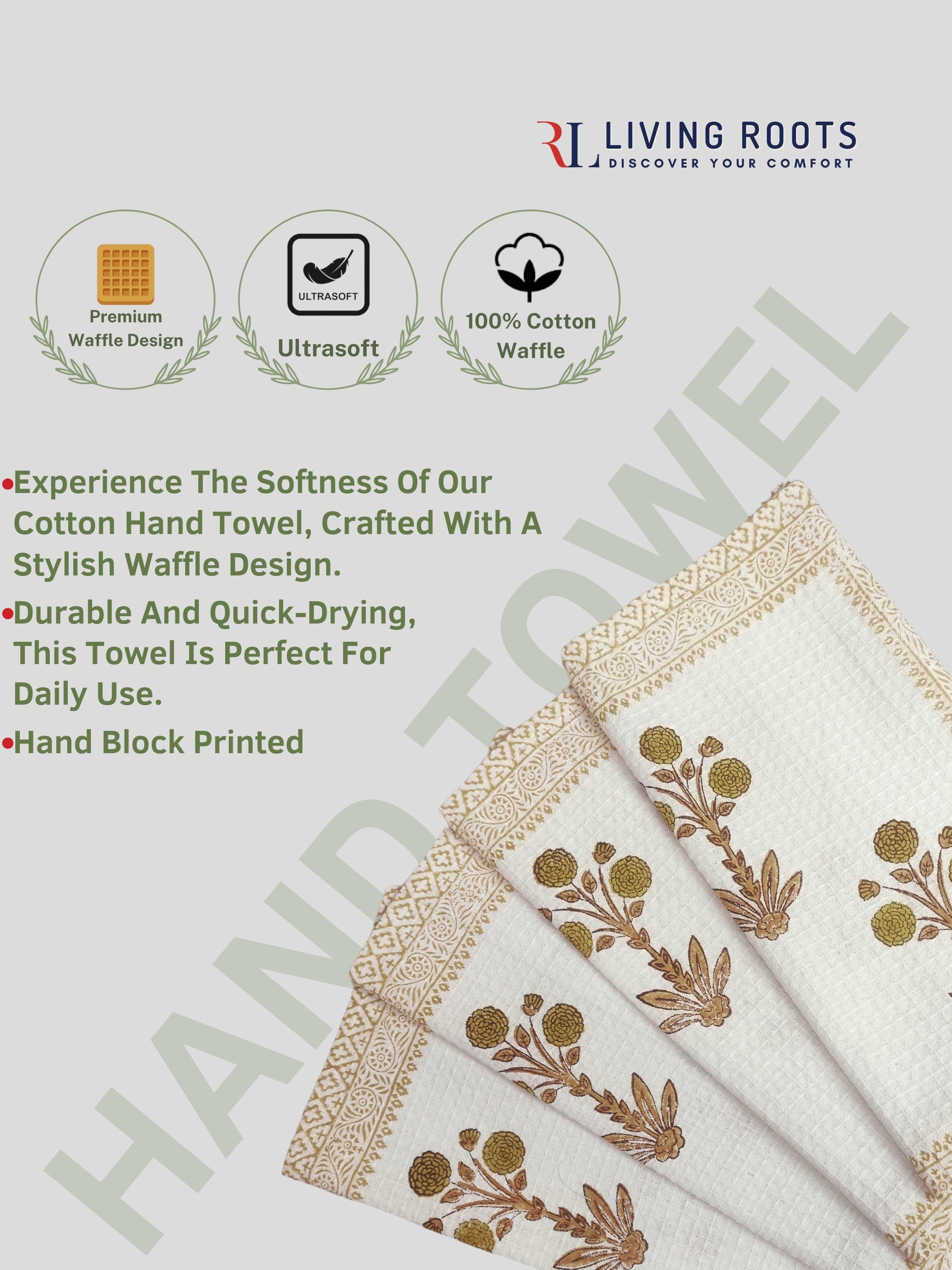 LIVING ROOTS Hand Block Printed 4 Pcs Hand Towel Waffle Cotton Soft & Absorbent | 210 GSM | Brown | ( HANDTOWEL-02-4PC )