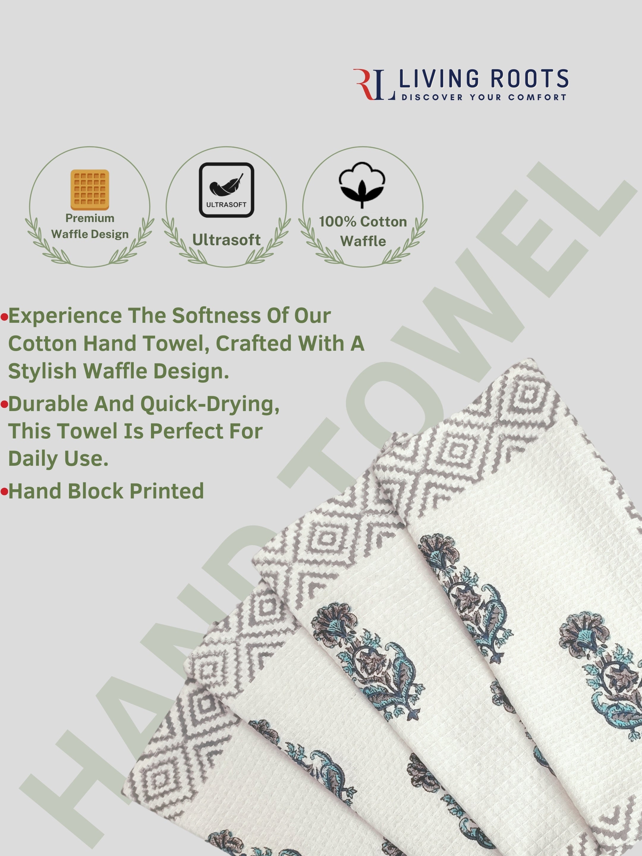 LIVING ROOTS Pure Cotton 4PC HANDTOWELS| Rich Fast Colour with No Colour Bleeding | Soft & Skin Friendly (HANDTOWEL-03-4PC)