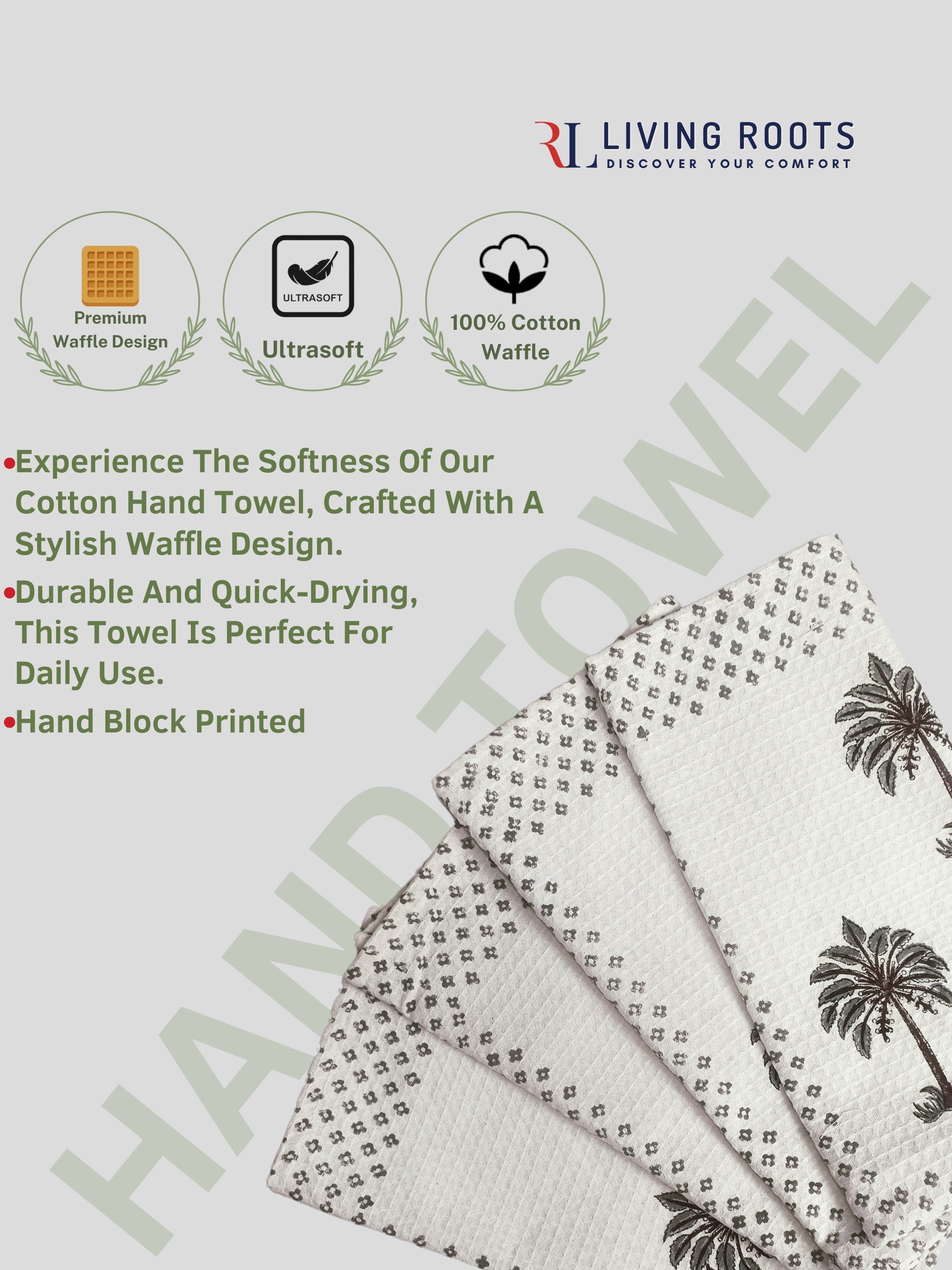 LIVING ROOTS Hand Block Printed 4 Pcs Hand Towel  Waffle Cotton Soft & Absorbent | 210 GSM | Grey | ( HANDTOWEL-04-4PC )
