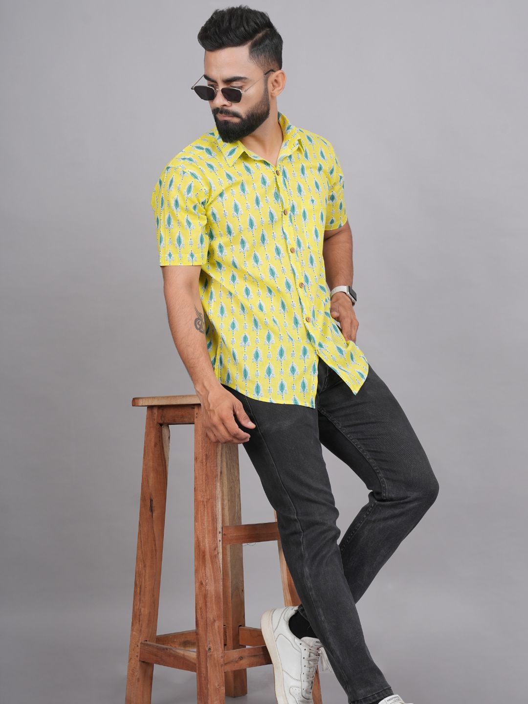 LIVING ROOTS Yelow Cotton Printed Shirt (M-1PC-001-M)