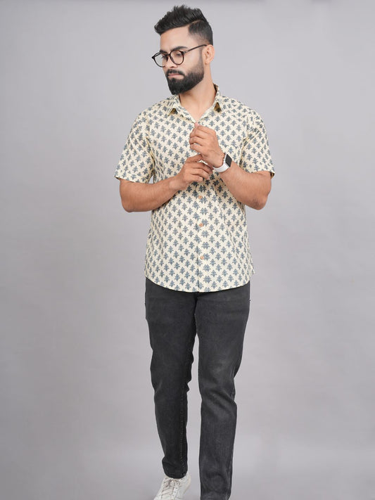 LIVING ROOTS Block Print Cotton Off-White Shirt (M-1PC-003-M)