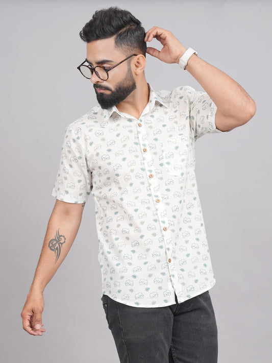 LIVING ROOTS White Bagru Print Cotton Shirt