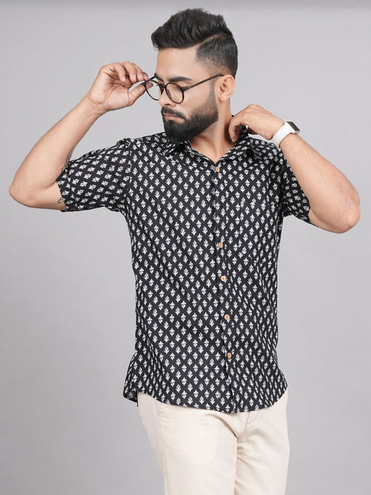 LIVING ROOTS Black Block Print Cotton Shirt