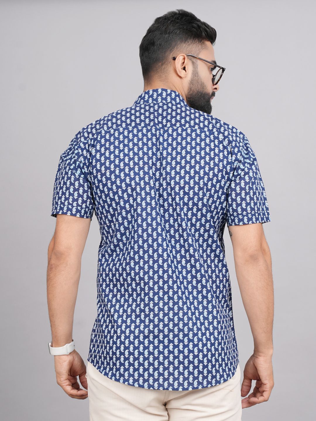 LIVING ROOTS Blue Block Print Cotton Shirt (M-1PC-010-M)