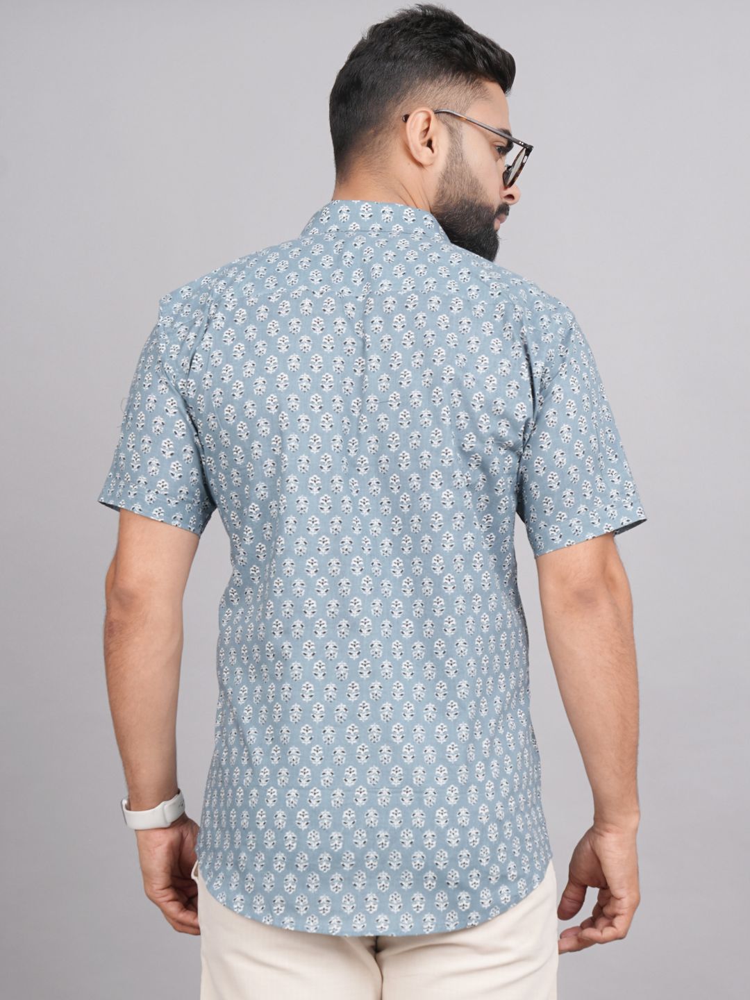 LIVING ROOTS Grey Block Print Cotton Shirt (M-1PC-011-M)