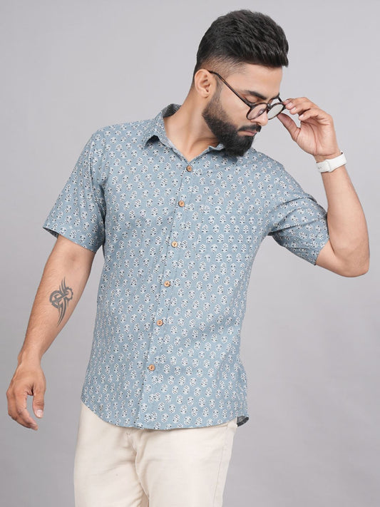 LIVING ROOTS Grey Block Print Cotton Shirt