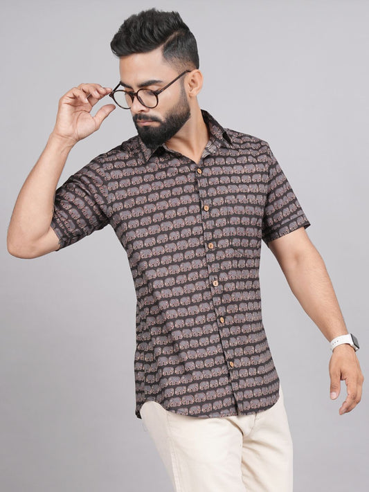 LIVING ROOTS Brown Hand Block Print Cotton Shirt