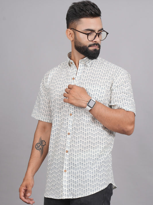 LIVING ROOTS White Block Print Cotton Shirt