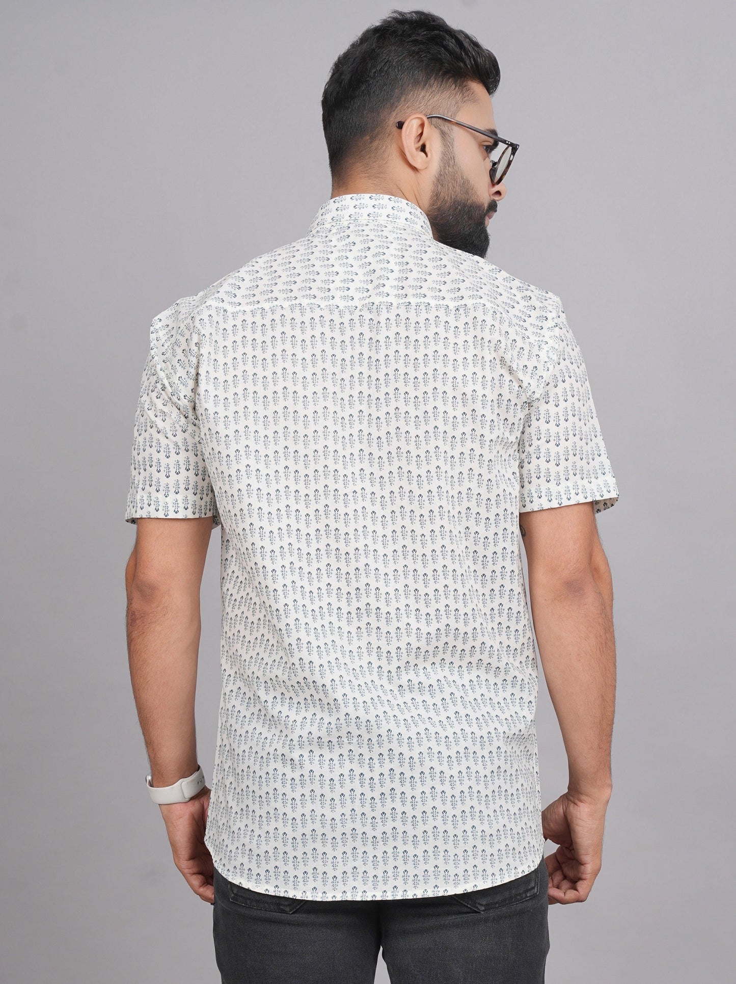 LIVING ROOTS White Block Print Cotton Shirt (M-1PC-013-M)