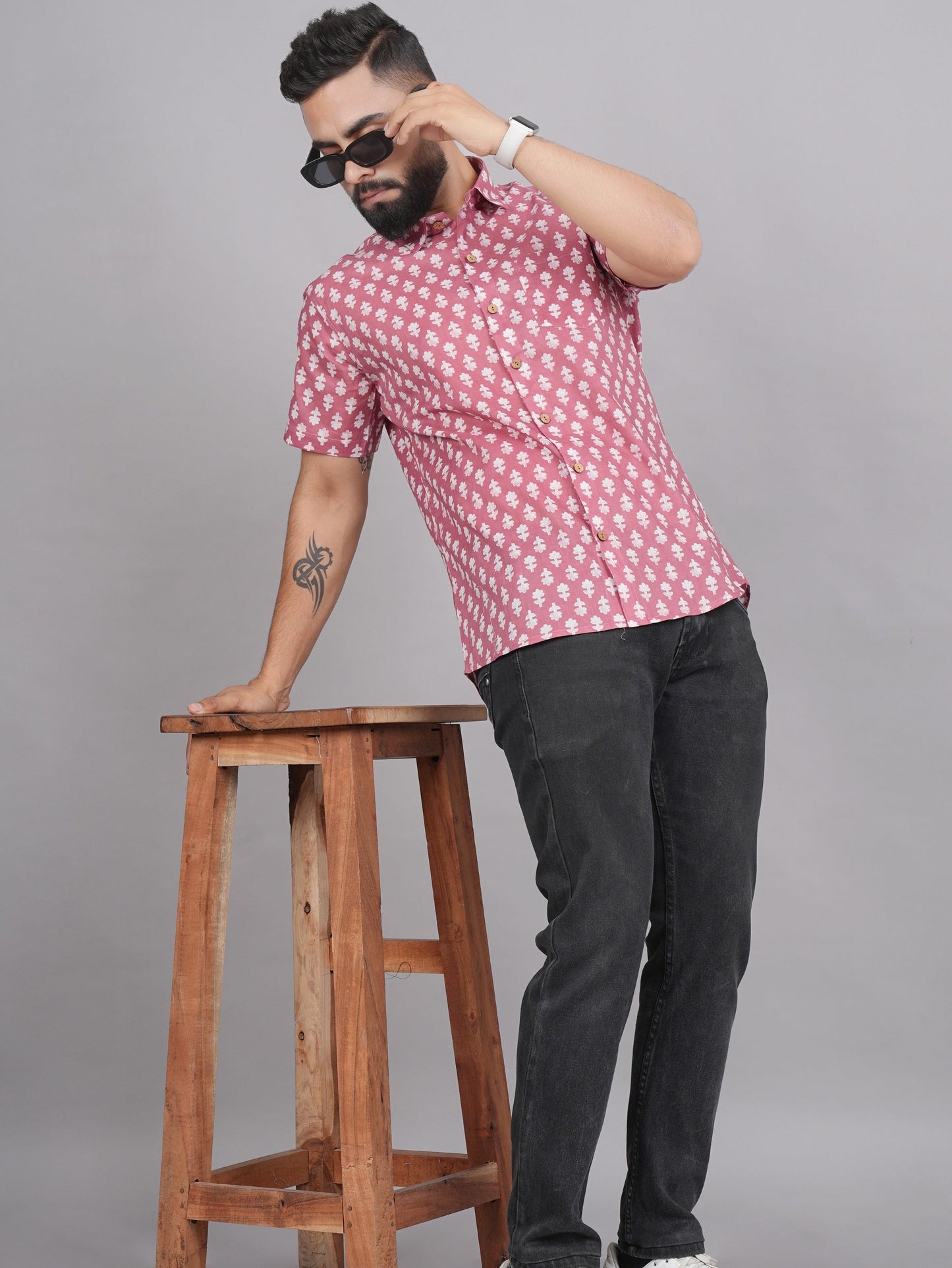 LIVING ROOTS Red Block Print Cotton Shirt (M-1PC-014-M)