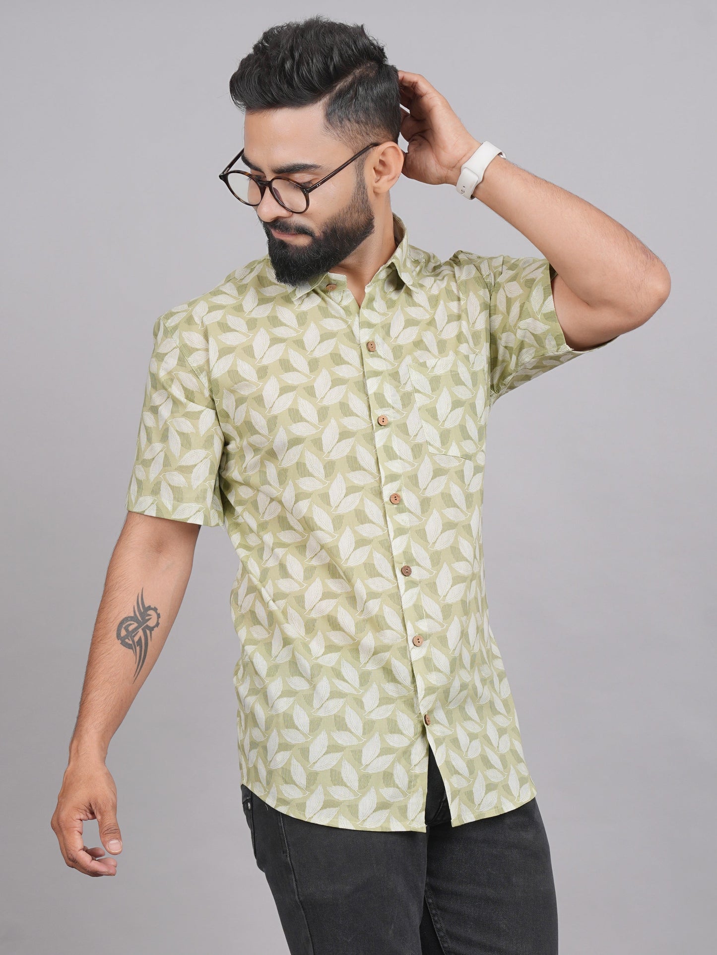 LIVING ROOTS Green Hand Block Print Cotton Shirt (M-1PC-016-M)