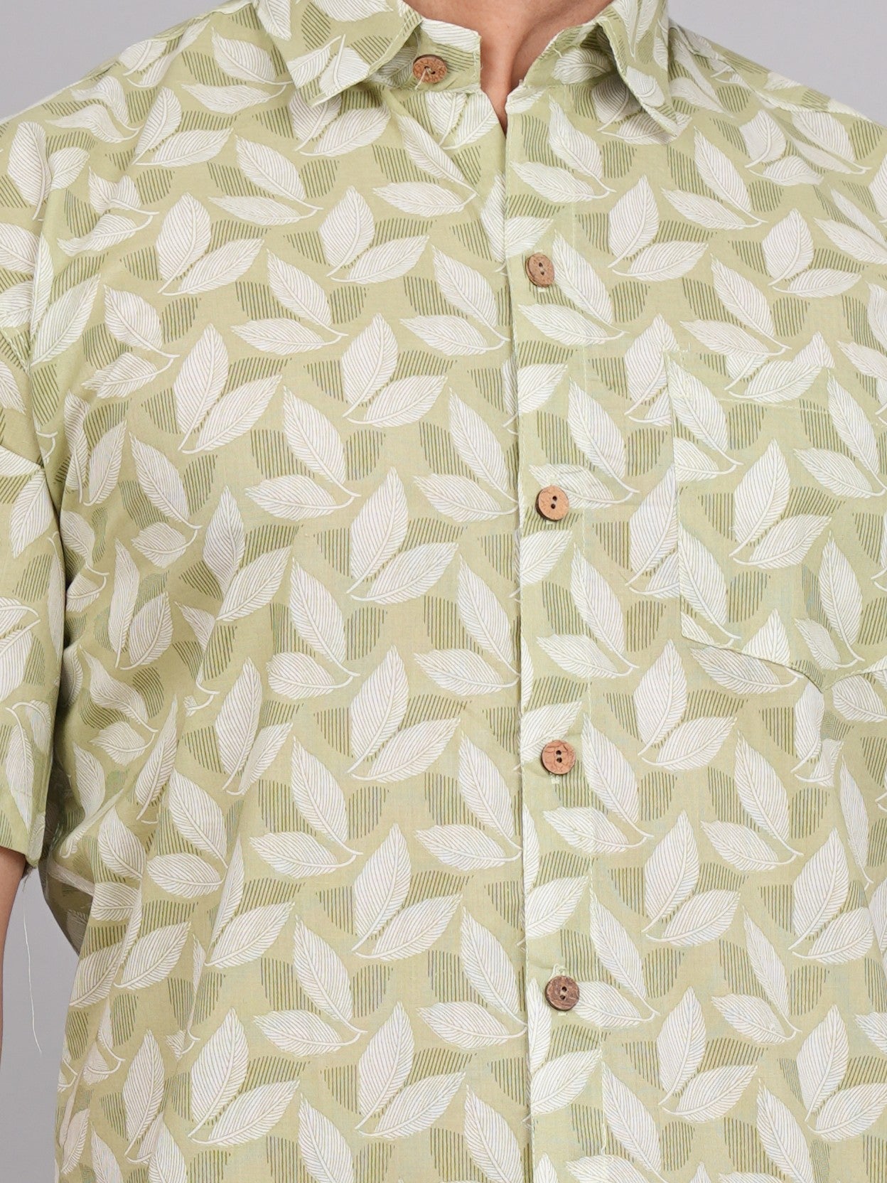 LIVING ROOTS Green Hand Block Print Cotton Shirt (M-1PC-016-M)