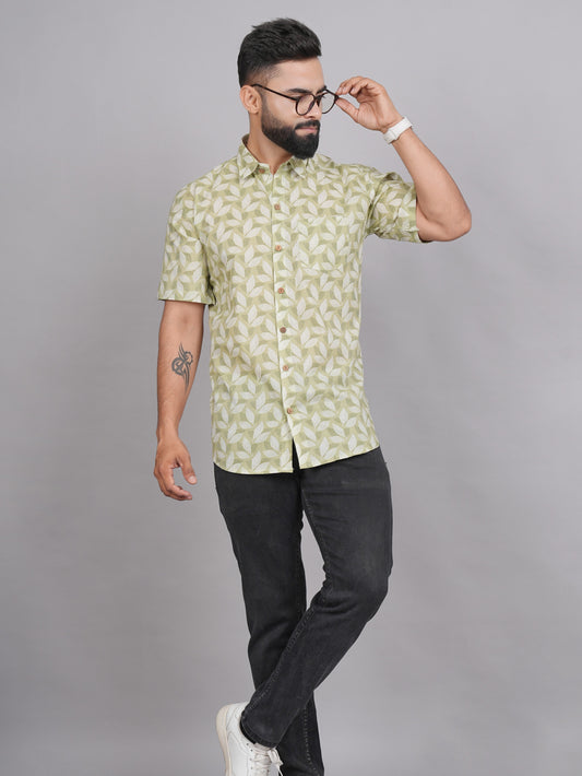 LIVING ROOTS Green Hand Block Print Cotton Shirt