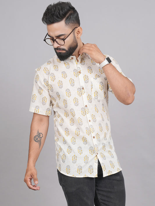 LIVING ROOTS Hand Block Print White Cotton Shirt