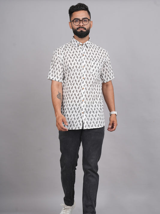 LIVING ROOTS White Block Print Cotton Shirt