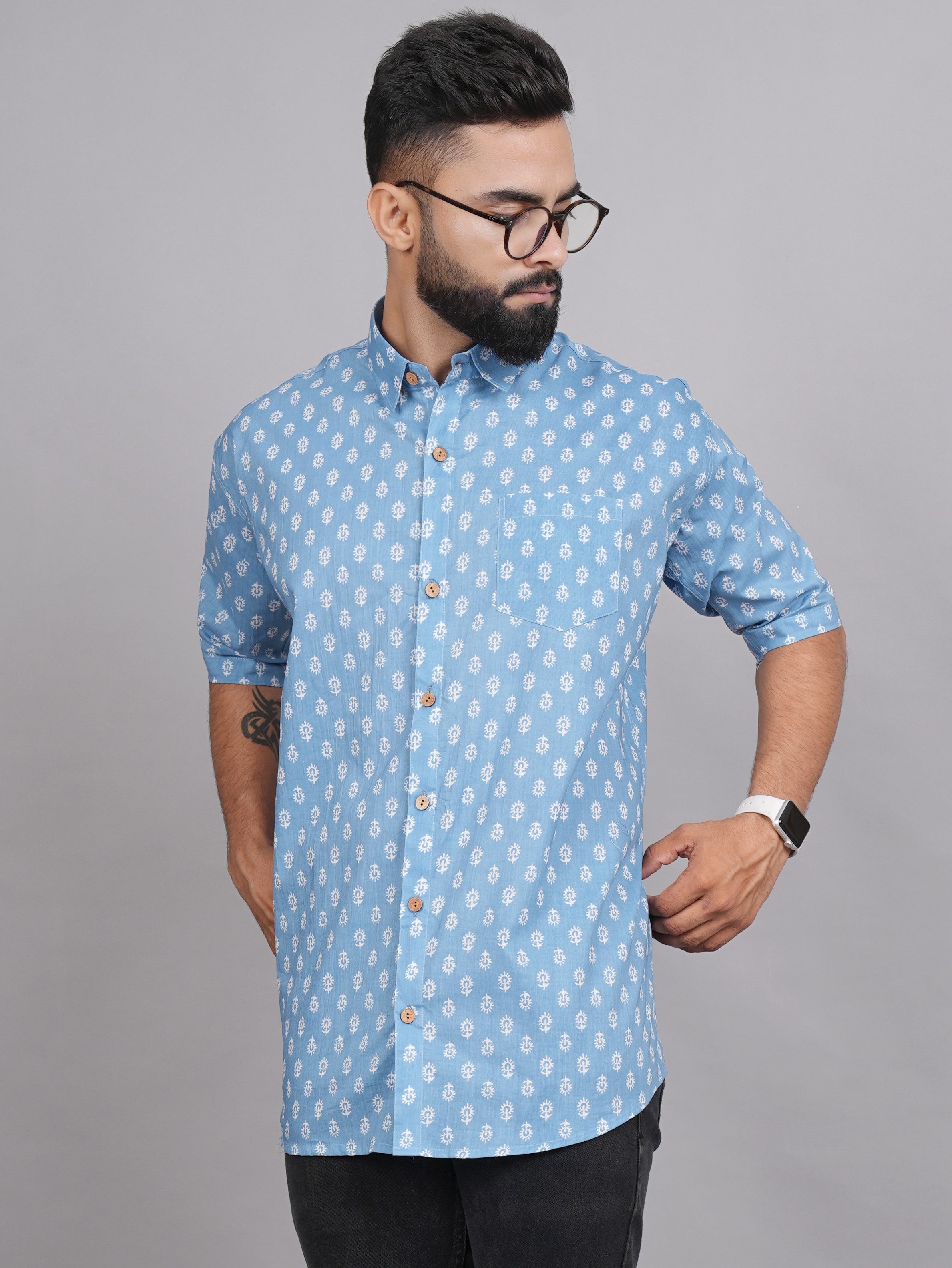 LIVING ROOTS  Blue Block Print Cotton Shirt (M-1PC-022-M)