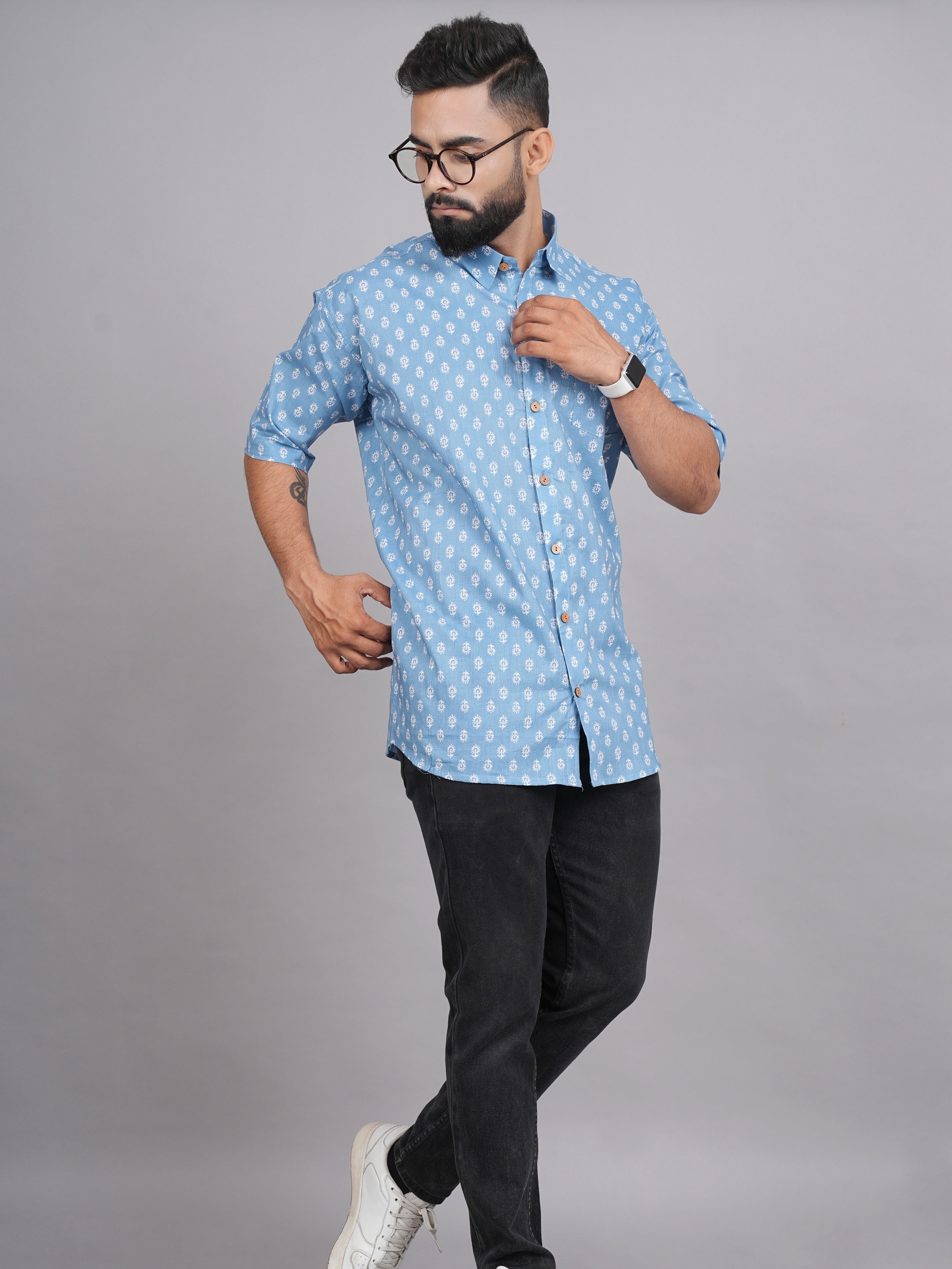 LIVING ROOTS  Blue Block Print Cotton Shirt (M-1PC-022-M)