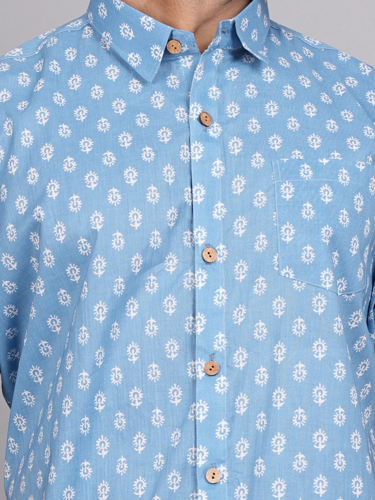 LIVING ROOTS  Blue Block Print Cotton Shirt (M-1PC-022-M)
