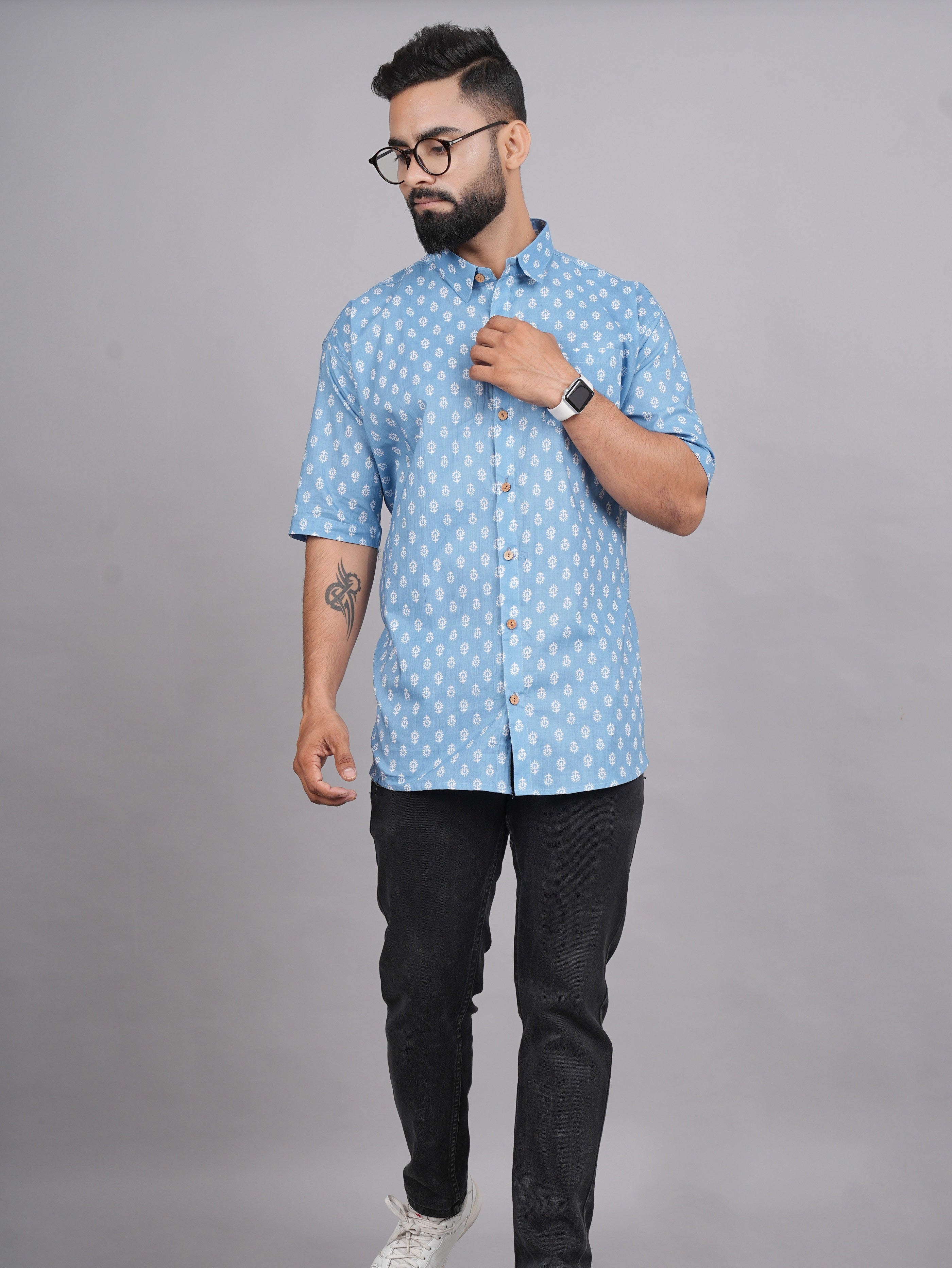 LIVING ROOTS  Blue Block Print Cotton Shirt (M-1PC-022-M)