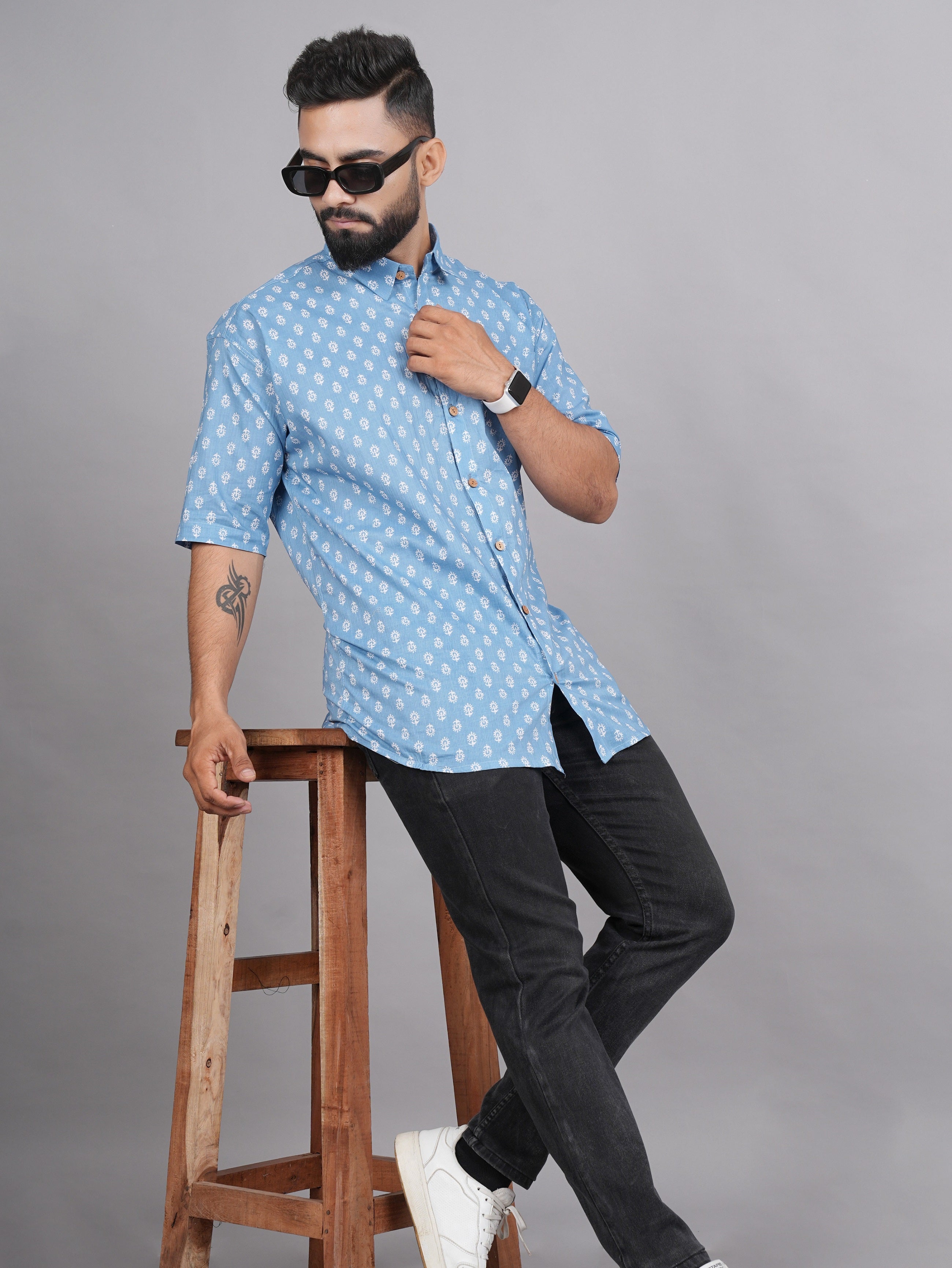 LIVING ROOTS  Blue Block Print Cotton Shirt (M-1PC-022-M)