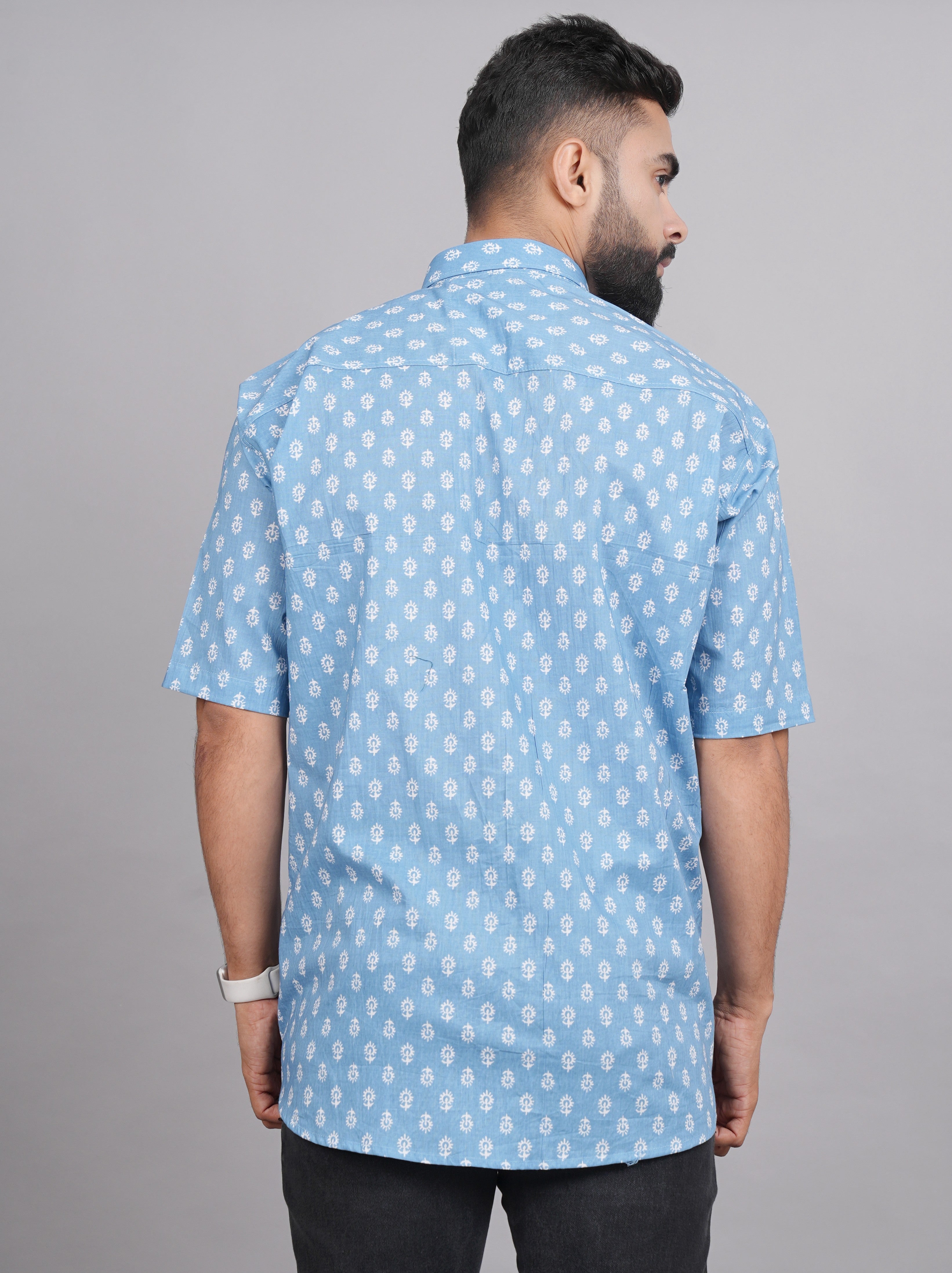LIVING ROOTS  Blue Block Print Cotton Shirt (M-1PC-022-M)