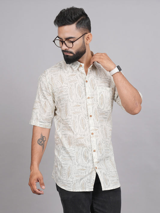 LIVING ROOTS Beige Leaf Print Cotton Shirt