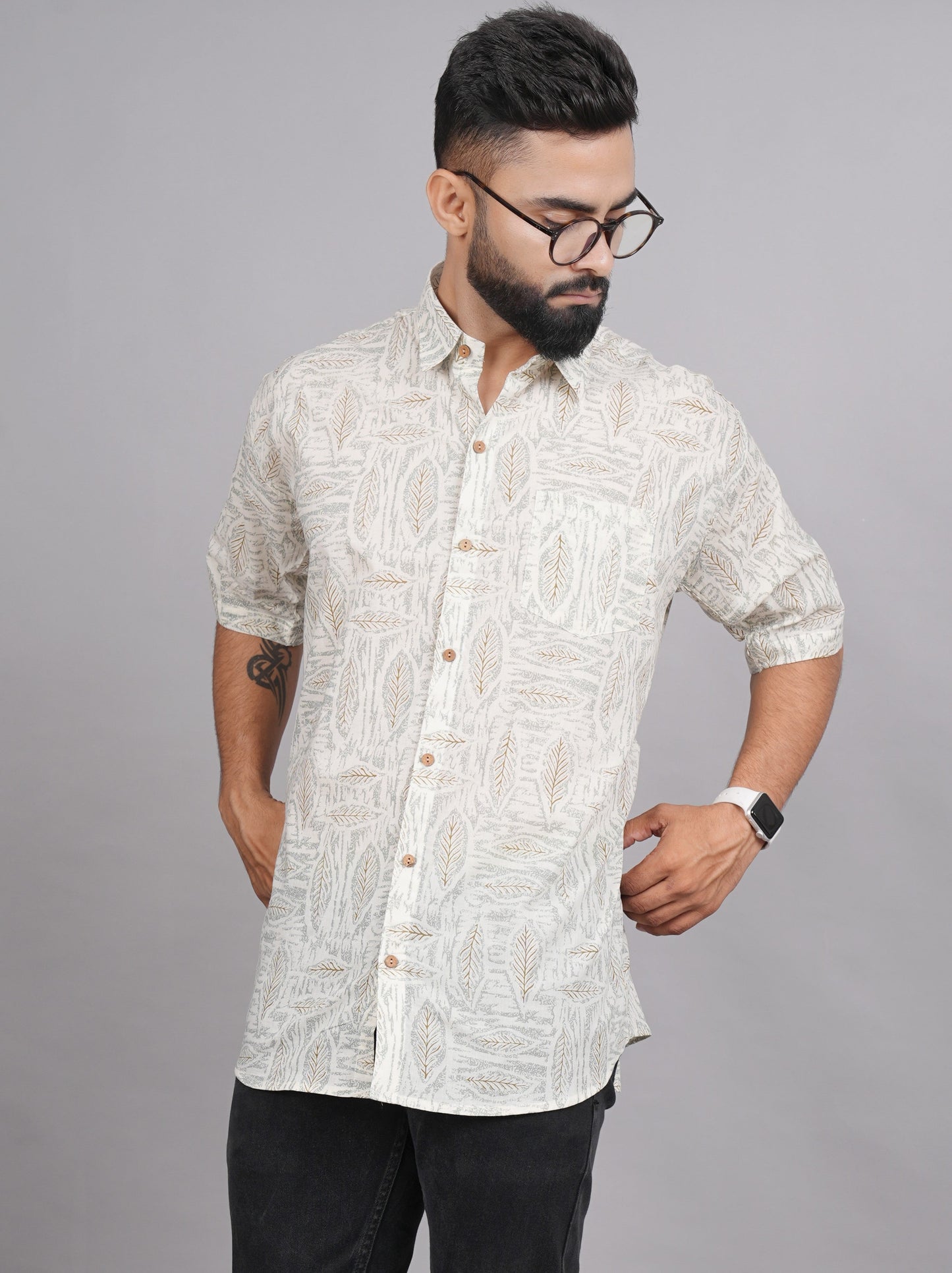 LIVING ROOTS Beige Leaf Print Cotton Shirt (M-1PC-023-M)