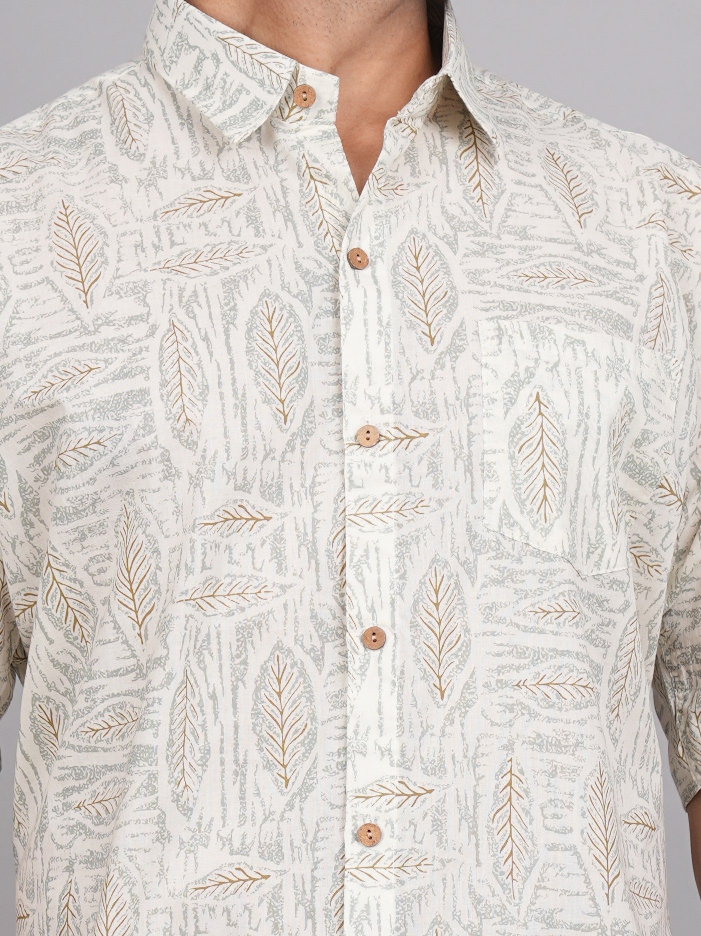 LIVING ROOTS Beige Leaf Print Cotton Shirt (M-1PC-023-M)